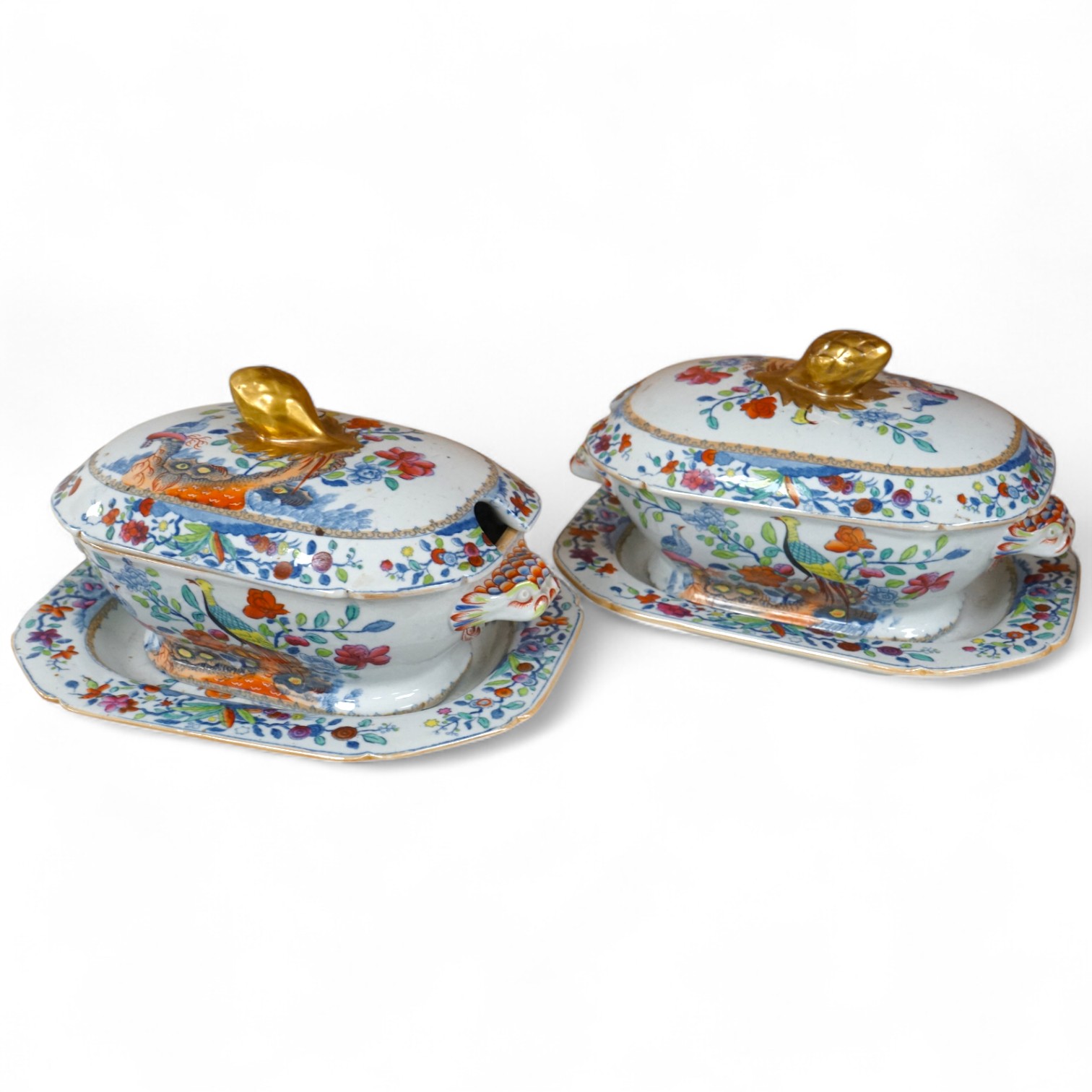 A pair of Spode pheasant design stone china sauce tureens covers and stands, c.1825, 19cm wide